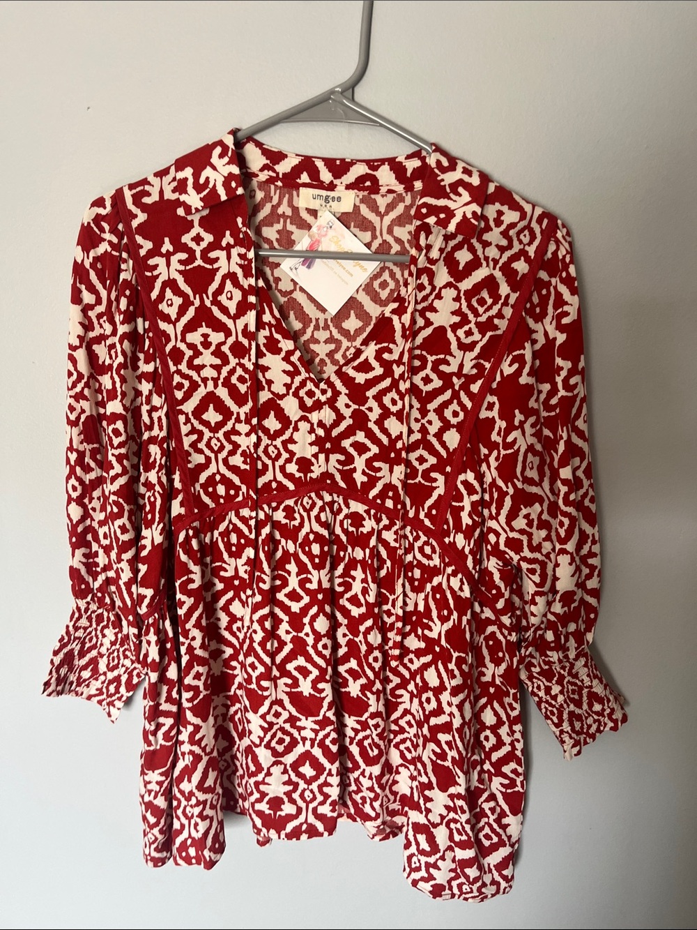 Umgee Red & White Printed V-Neck Peasant Tunic